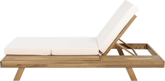 Christopher Knight Home Dami Patio Chaise Lounge Chair Outdoor with Foldable Cushion, Acacia Wood Poolside Sun Lounger, Space Available On One Side, Adjustable Backrest Pool Lounger, Light Brown+Cream