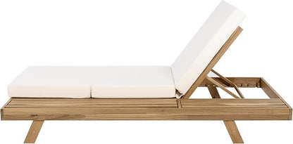 Christopher Knight Home Dami Patio Chaise Lounge Chair Outdoor with Foldable Cushion, Acacia Wood Poolside Sun Lounger, Space Available On One Side, Adjustable Backrest Pool Lounger, Light Brown+Cream