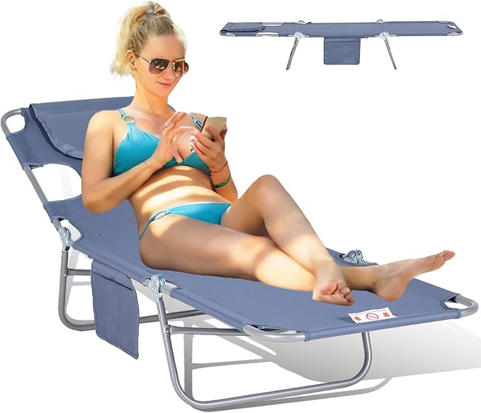 3-in-1 Heavy Duty Tanning Chair with Face Hole Adjustable 5-Position Folding Chaise Lounge Chairs Portable Lay Flat Beach Lounge Chair for Outdoor Sunbathing Patio Pool Lawn Camping Deck (Gray 2)