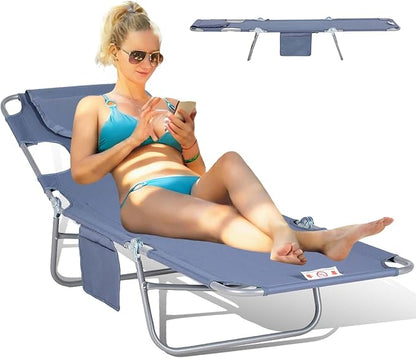 3-in-1 Heavy Duty Tanning Chair with Face Hole Adjustable 5-Position Folding Chaise Lounge Chairs Portable Lay Flat Beach Lounge Chair for Outdoor Sunbathing Patio Pool Lawn Camping Deck (Gray 2)