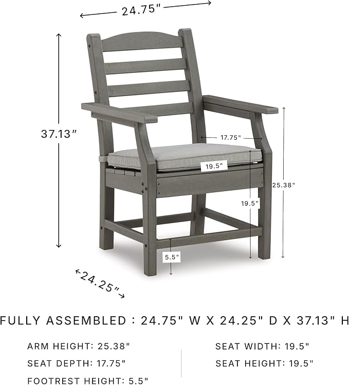 Signature Design by Ashley Visola Outdoor HDPE Dining Chair Set of 2, Durable and Weather Resistant HDPE Material, All-Weather Nuvella Fabric Seat Cushion, Gray