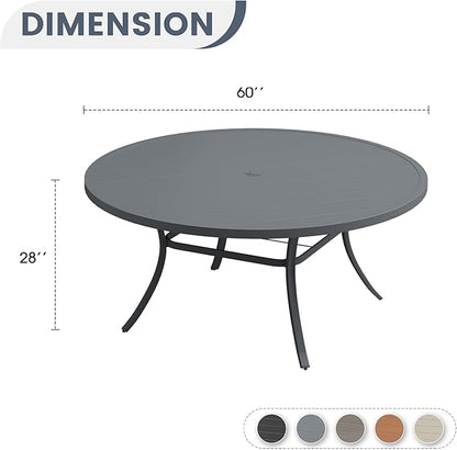 VICLLAX 60" Outdoor Round Patio Dining Table for 8-10, All Weather Metal Dining Table with Umbrella Hole for Deck Lawn Garden Backyard, Dark Grey