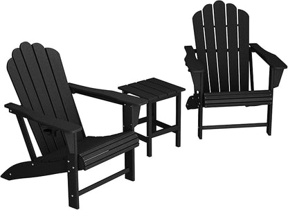 Costaelm Lakeview 3-Piece Outdoor Patio HDPE Adirondack Chair with Cup Holder and Table Set, Black