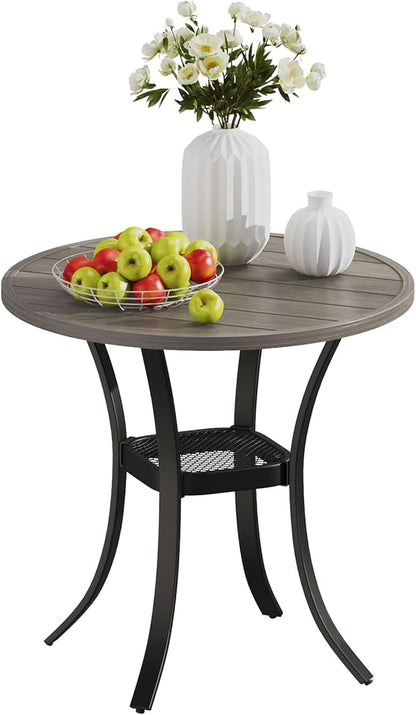 VICLLAX Small Patio Dining Table for 2, Round Metal Slatted Tabletop with Storage Shelf for Front Porch Lawn Garden, Antique Grey Tabletop(No Umbrella Hole)