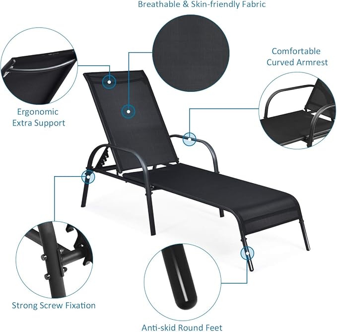 Tangkula Lounge Chair Outdoor, Patio Chaise Lounge with Adjustable Backrest, Reclining Pool Lounge Chair for Outside with Heavy Duty Steel Frame, Suitable for Beach, Yard, Balcony, Poolside