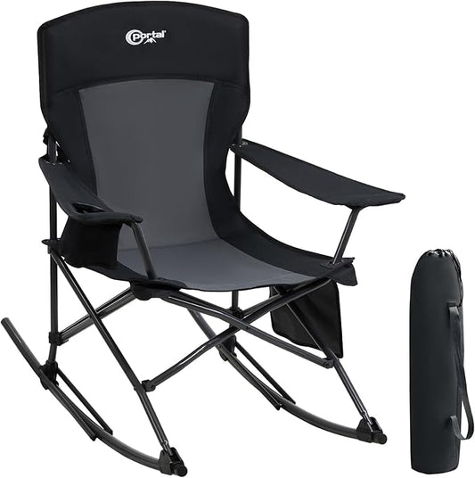 Portal Outdoor Rocking Chair Camping Folding Portable Rocker with Cup Holder Side Pocket Carry Bag, Support 350LBS (Black)