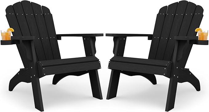 YEFU Oversized Plastic Adirondack Chair Set of 2 with Cup-Holder (Large Dual-Purpose), Weather Resistant, Poly Lumber Outdoor Chairs Duty Rating Widely Used in Patio, Lawn, Outside, Deck Chairs-Black