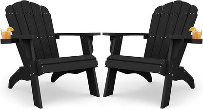 YEFU Oversized Plastic Adirondack Chair Set of 2 with Cup-Holder (Large Dual-Purpose), Weather Resistant, Poly Lumber Outdoor Chairs Duty Rating Widely Used in Patio, Lawn, Outside, Deck Chairs-Black