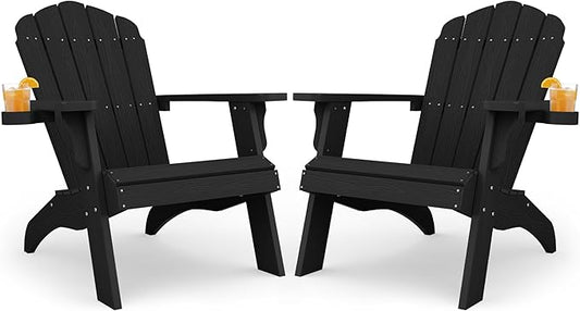 YEFU Oversized Plastic Adirondack Chair Set of 2 with Cup-Holder (Large Dual-Purpose), Weather Resistant, Poly Lumber Outdoor Chairs Duty Rating Widely Used in Patio, Lawn, Outside, Deck Chairs-Black