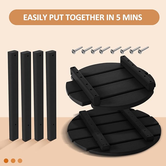 Round Adirondack Outdoor Side Table, 17.7" Small Patio End Table, 2-Tier HDPE Plastic Table for Poolside Porch Garden, Weather Resistant & Easy Assembly (Black)