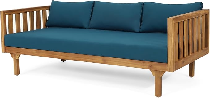 Claremont Outdoor 3 Seater Daybed with Cushions - Acacia Wood - Teak/Dark Teal - Photo 1