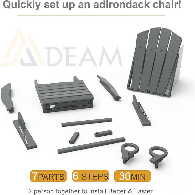 Mdeam Folding Adirondack Chair with Retractable Ottoman, HDPE All-Weather Fire Pit Chair with 2 Cup Holders, Outdoor Chair for Deck Patio Garden Backyard Lawn (Grey)