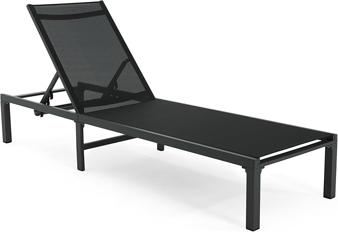 Christopher Knight Home Patio Chaise Lounges Set of 2, Aluminum Adjustable Lounge Seating, 5-Position Backrest Recliner, Mesh Design Chaise, Flat Tanning Chair for Poolside Balcony Backyard, Black
