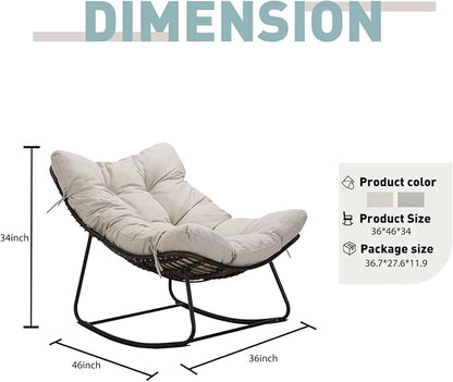 Outdoor Papasan Rocking Chair Oversized Set of 2 - Rocking Chair with Soft Cushion, 30° Rocker Egg Chair for Patio, Front Porch, Backyard, Living Room, Beige