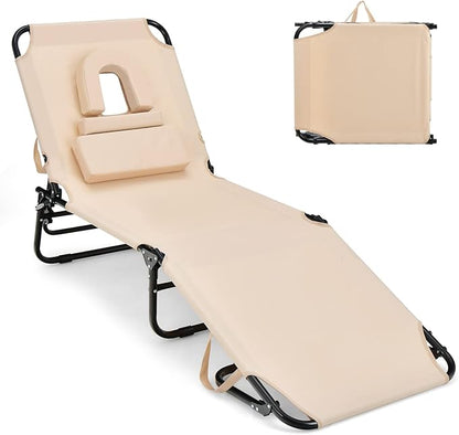 GYMAX Tanning Chair, 330lbs Beach Lounge Chair with Face Hole, Detachable Washable Pillow & Carry Strap, Adjustable Folding Chaise Lounge, Layout Chair for Outside, Patio, Poolside, Lawn (1, Beige)