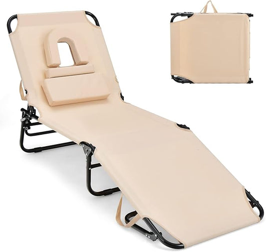 GYMAX Tanning Chair, 330lbs Beach Lounge Chair with Face Hole, Detachable Washable Pillow & Carry Strap, Adjustable Folding Chaise Lounge, Layout Chair for Outside, Patio, Poolside, Lawn (1, Beige)