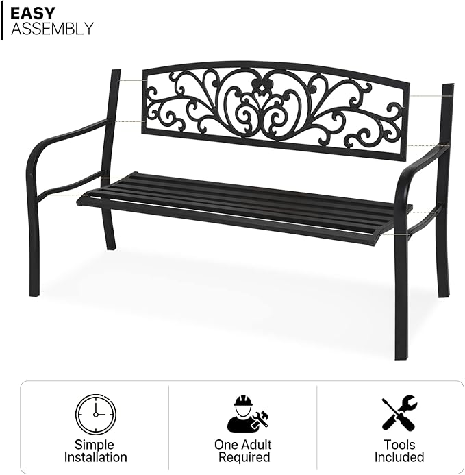 MoNiBloom Metal Bench Patio Benches for Outdoors, Iron Frame Antique Finish Park Bench with Armrests Lawn Porch Entryway Path Yard Decor Deck Furniture for 2-3 Adults Seat, Black