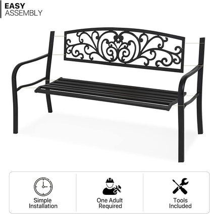 MoNiBloom Metal Bench Patio Benches for Outdoors, Iron Frame Antique Finish Park Bench with Armrests Lawn Porch Entryway Path Yard Decor Deck Furniture for 2-3 Adults Seat, Black