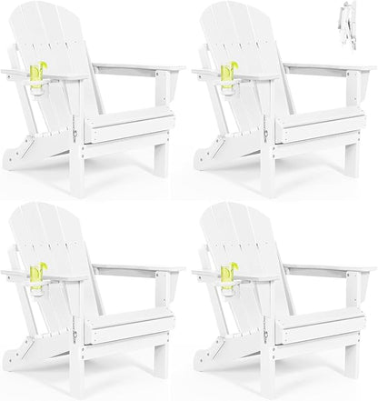 Folding Adirondack Chairs Set 4- Plastic Adirondack Chairs with Cup Holder, Weather Resistant for Outdoor, Patio, Lawn, Garden, Backyard Deck, Fire Pit - White