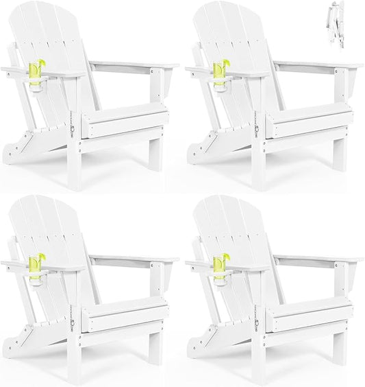 Folding Adirondack Chairs Set 4- Plastic Adirondack Chairs with Cup Holder, Weather Resistant for Outdoor, Patio, Lawn, Garden, Backyard Deck, Fire Pit - White