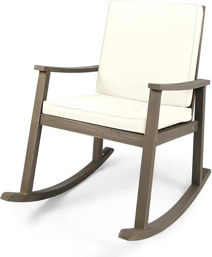 Outdoor Rocking Chair with Armrests and Cushions, Acacia Wood Structure, for Garden, Patio or Balcony, Cream+Grey - Photo 5