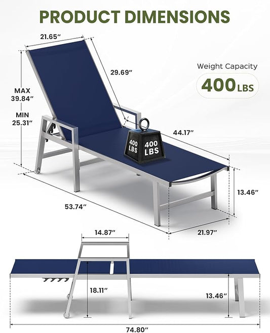 Patio Chaise Lounge Chair Outdoor with Wheels&Armrests, Aluminum Pool Lounge Chairs 5-Position Adjustable Recliner, Outdoor Beach Lounge Chairs for Poolside, Patio, Deck, Yard, Navy Blue
