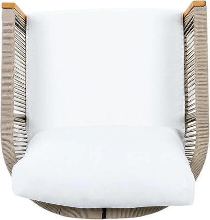 Merax Outdoor Swivel Chair, 360-Degree Rotation, Natural Acacia Wood with Handwoven Beige Rope Design and Seat Cushion, Metal Swivel Base, Weather-Resistant Chair for Patio Garden Balcony