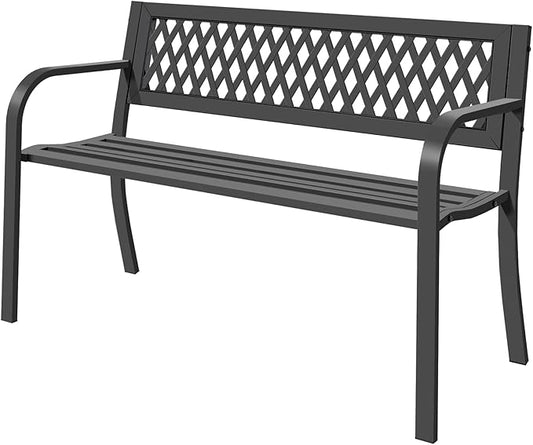Outdoor Garden Bench, Weatherproof Metal Park Bench for Garden Lawn Porch Park Backyard, Sturdy Steel Patio Bench with Ergonomic Backrest for Front Porch Entryway Outside Seating, Black