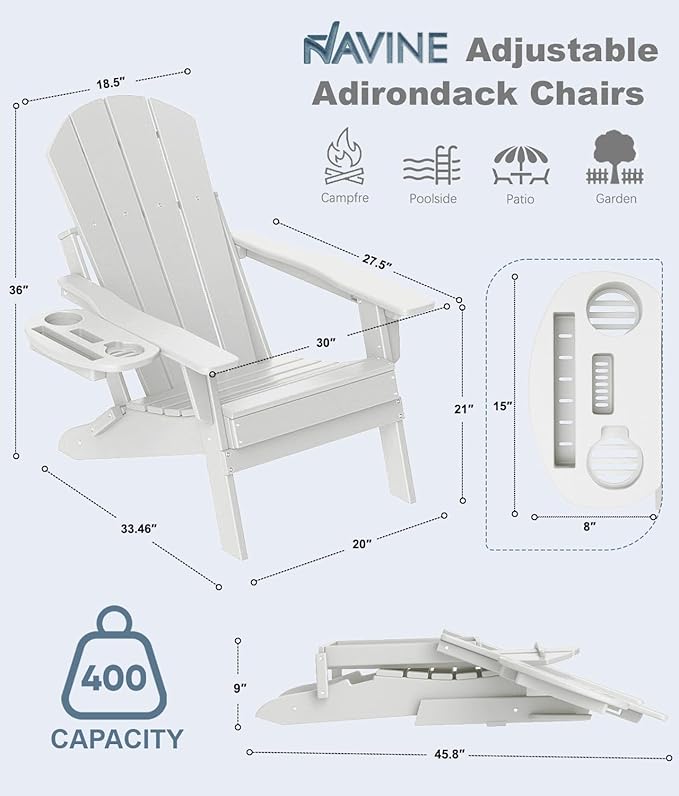 Adjustable Adirondack Chair with Cup Holder, All Weather HDPE Fire Pit Chairs for Deck, Backyard, Patio, White