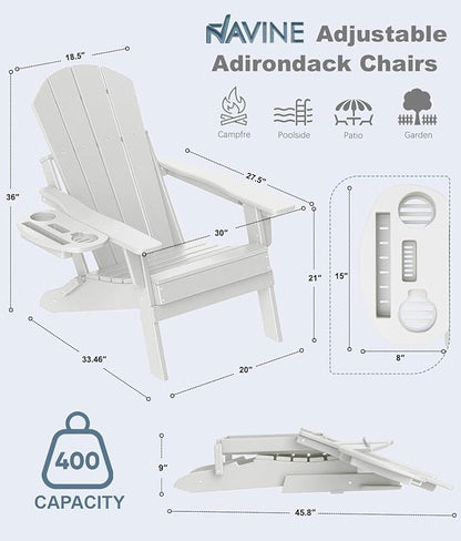 Adjustable Adirondack Chair Set of 8 with Cup Holder, All Weather HDPE Fire Pit Chairs for Deck, Backyard, Patio, White