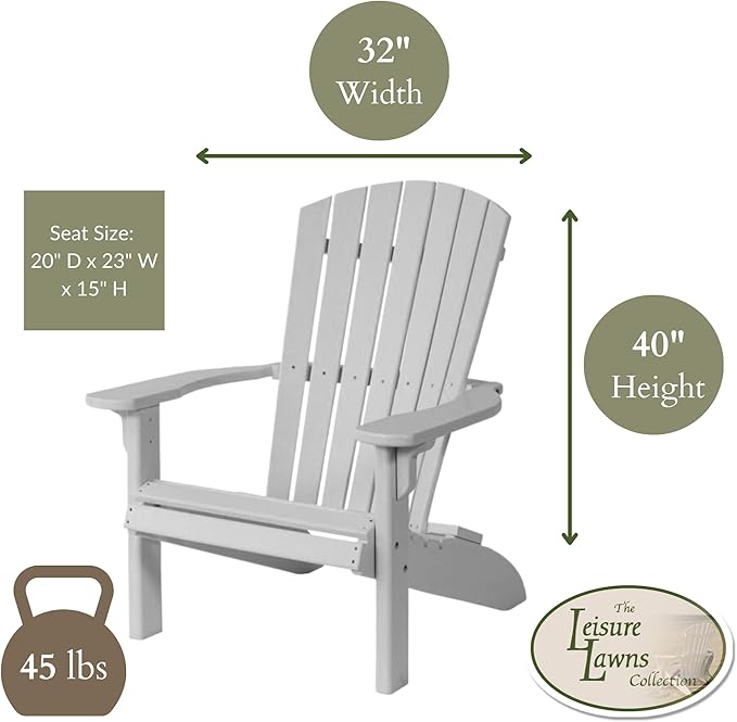 Leisure Lawns Poly Plastic Fanback Adirondack Chair, Outdoor Patio Chair - Amish Made in USA (White)