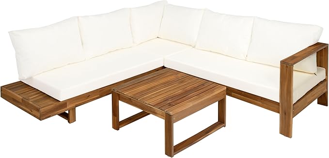 Acacia Wood 4pc Outdoor Sectional Sofa Set with Cushions and Slatted Design - Modern Patio, Deck & Garden Seating for Ultimate Comfort