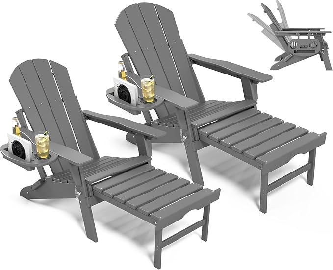 Adjustable Adirondack Chair with Retractable Ottoman Set of 2, HDPE Folding Adirondack Chair with Cup Holder - Photo 1