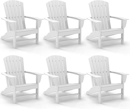 GREENVINES Adirondack Chairs Set of 6 | HDPE Plastic | Oversized Fire Pit Chair | All Weather | White | Poly Lumber | for Outdoor Deck Backyard Patio Garden