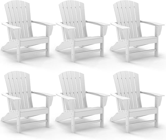 GREENVINES Adirondack Chairs Set of 6 | HDPE Plastic | Oversized Fire Pit Chair | All Weather | White | Poly Lumber | for Outdoor Deck Backyard Patio Garden