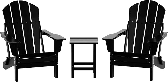 WO WESTIN OUTDOOR HDPE Laguna 3PC Outdoor Poly Adirondack Chair Set with Side Table, Black