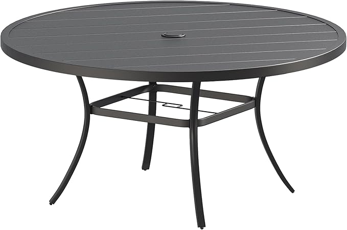 Patio Dining Table for 8-10, Round Metal Outdoor Table with 1.57" Umbrella Hole, 60" Outdoor Slat Tabletop Dining Table for Backyard, Porch, Lawn, Black
