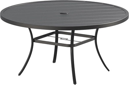 Patio Dining Table for 8-10, Round Metal Outdoor Table with 1.57" Umbrella Hole, 60" Outdoor Slat Tabletop Dining Table for Backyard, Porch, Lawn, Black