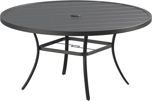 Patio Dining Table for 8-10, Round Metal Outdoor Table with 1.57" Umbrella Hole, 60" Outdoor Slat Tabletop Dining Table for Backyard, Porch, Lawn, Black