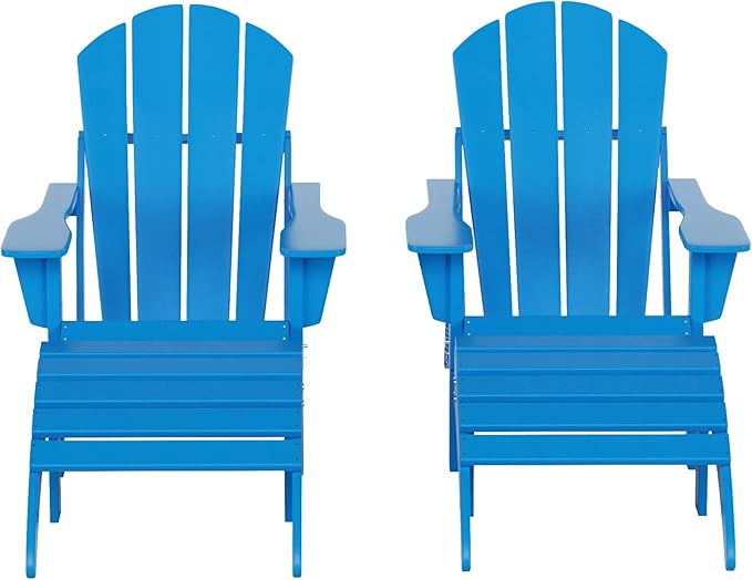 WestinTrends Malibu Outdoor Lounge Chair Set, 4-Pieces Adirondack Chair Set of 2 with Ottoman, All Weather Poly Lumber Patio Lawn Folding Chair for Outside Pool Beach, Pacific Blue
