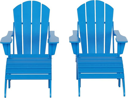 WestinTrends Malibu Outdoor Lounge Chair Set, 4-Pieces Adirondack Chair Set of 2 with Ottoman, All Weather Poly Lumber Patio Lawn Folding Chair for Outside Pool Beach, Pacific Blue