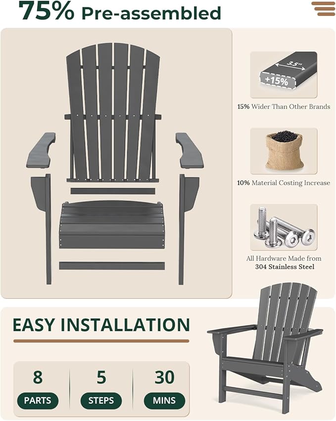 BRIOPAWS Adirondack-Chairs-Set of 2 | Oversized | Fire Pit Chair | HDPE Plastic | All Weather | for Deck Outdoor Poolside Campfire | Grey