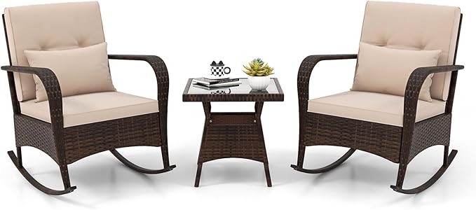 ORALNER 3 Pieces Patio Furniture Set, Outdoor Wicker Rocking Chairs with Cushions, Pillows, Glass Coffee Table - Photo 1