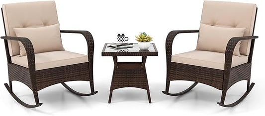 ORALNER 3 Pieces Patio Furniture Set, Outdoor Wicker Rocking Chairs with Cushions, Pillows, Glass Coffee Table, Rattan Bistro Rocker Set for Balcony Front Porch Poolside Garden Deck Yard (Beige)