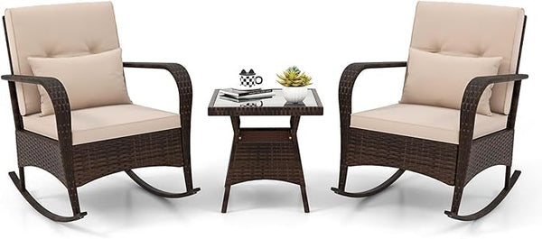 ORALNER 3 Pieces Patio Furniture Set, Outdoor Wicker Rocking Chairs with Cushions, Pillows, Glass Coffee Table - Photo 1