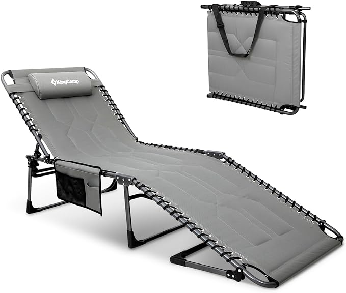 KingCamp Oversized Tanning Chair, Extra-Wide Padded Folding Chase Lounge Chairs Portable Adjustable 5-Position 440lbs Heavy Duty Lounger with Double-Layer Oxford for Outdoor Beach Patio Sun Pool Grey
