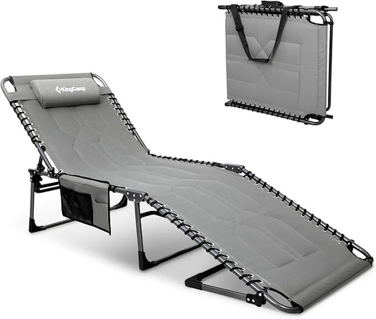 KingCamp Oversized Tanning Chair, Extra-Wide Padded Folding Chase Lounge Chairs Portable Adjustable 5-Position 440lbs Heavy Duty Lounger with Double-Layer Oxford for Outdoor Beach Patio Sun Pool Grey