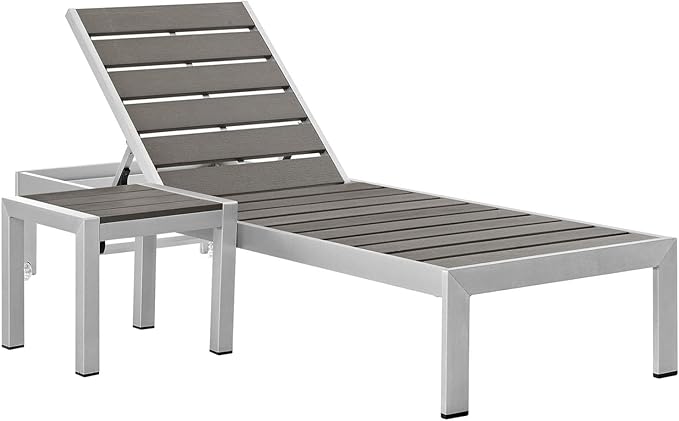 Modway Shore Aluminum Outdoor Patio Chaise Lounge Chair and Side Table Set in Silver Gray - Photo 1
