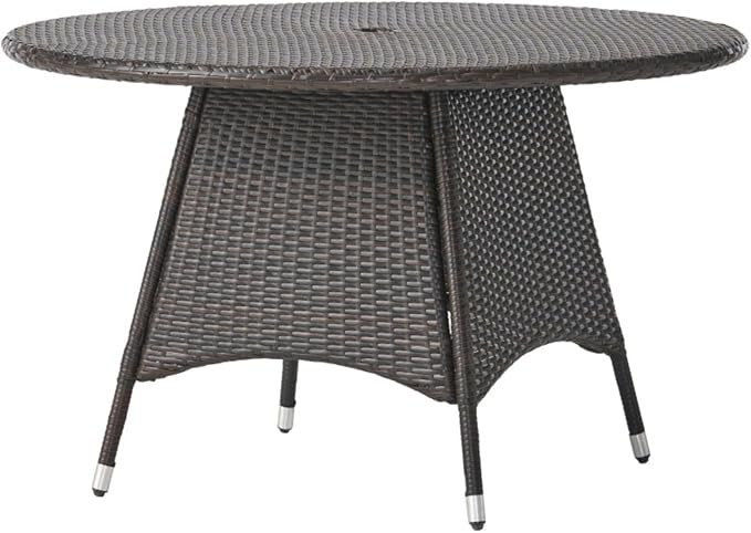 Outdoor Dining Table with PE Wicker Tabletop and Powder Coated Iron Frame Water Resistant Design Durable Construction for Patio Garden Backyard Modern Style Circular Tabletop