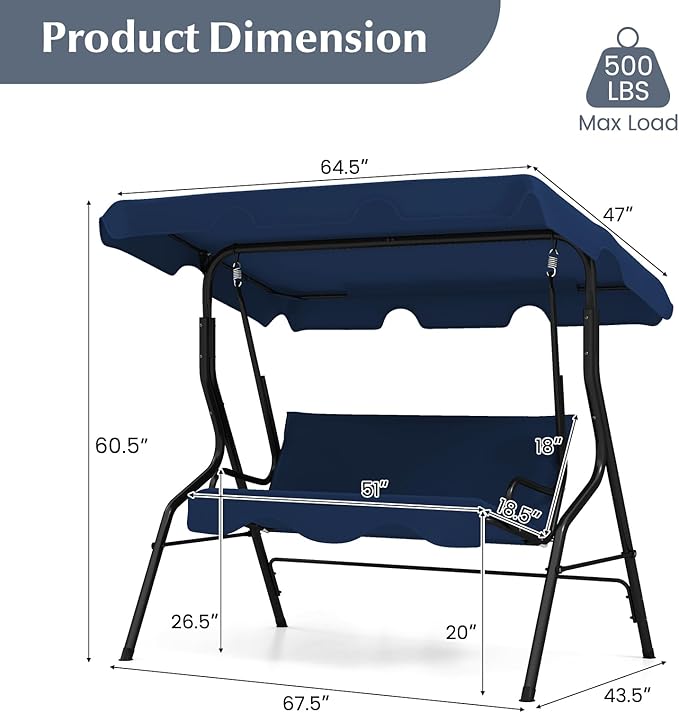 RELAX4LIFE 3-Person Porch Swing Chair - Outdoor Swing w/Adjustable Canopy, Removable Cushion & Metal Frame Stand - Photo 8